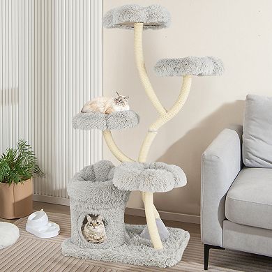 Gymax Freestanding Cat Tower Tall Cat Tree w/ four Flower-shaped Platforms Cat Condo