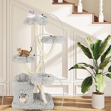 Gymax Freestanding Cat Tower Tall Cat Tree w/ four Flower-shaped Platforms Cat Condo
