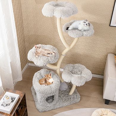 Gymax Freestanding Cat Tower Tall Cat Tree w/ four Flower-shaped Platforms Cat Condo