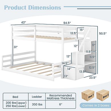 Gymax Low Bunk Bed w/ Storage Stairs w/ Full-length Guardrails​