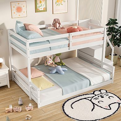 Gymax Low Bunk Bed w/ Storage Stairs w/ Full-length Guardrails​