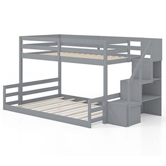 Gymax Low Bunk Bed w/ Storage Stairs w/ Full-length Guardrails​