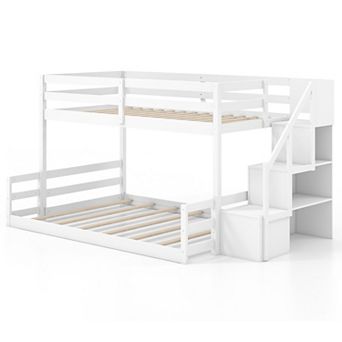 Gymax Low Bunk Bed w/ Storage Stairs w/ Full-length Guardrails​