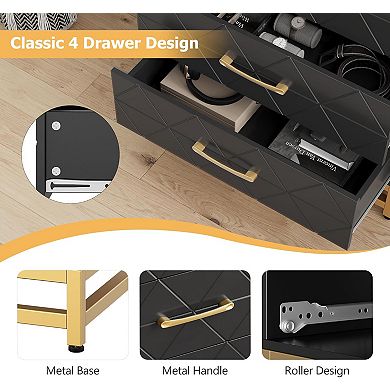 4 Drawer Wooden Bedroom Dresser Compact MDF Chest Modern Metal Handles Elegant Textured Finish