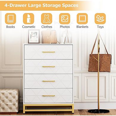 4 Drawer Wooden Bedroom Dresser Compact MDF Chest Modern Metal Handles Elegant Textured Finish