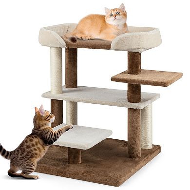 Gymax 2-in-1 Cat Tree Tower Pet Steps w/ Scratching Posts Hanging Toy Ball Perch
