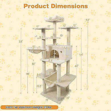 Gymax Large Cat Tree for Indoor Cats w/Plush Top Perch Condo Hammock Basket Bed