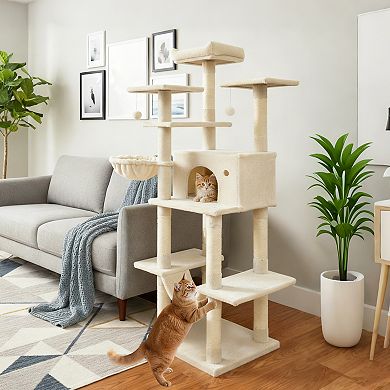 Gymax Large Cat Tree for Indoor Cats w/Plush Top Perch Condo Hammock Basket Bed