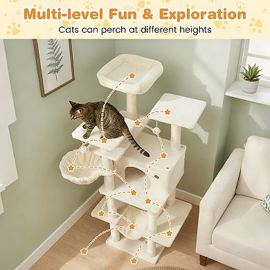 Gymax Large Cat Tree for Indoor Cats w/Plush Top Perch Condo Hammock Basket Bed