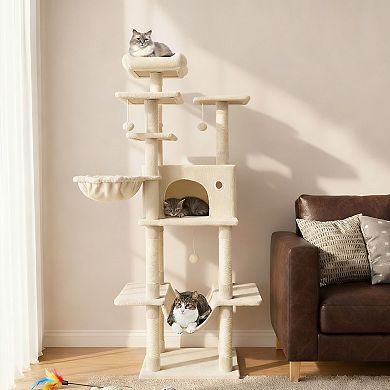 Gymax Large Cat Tree for Indoor Cats w/Plush Top Perch Condo Hammock Basket Bed