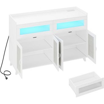 Storage Cabinet Charging Station LED Light Rattan Sideboard Spacious Shelves Drawers Doors