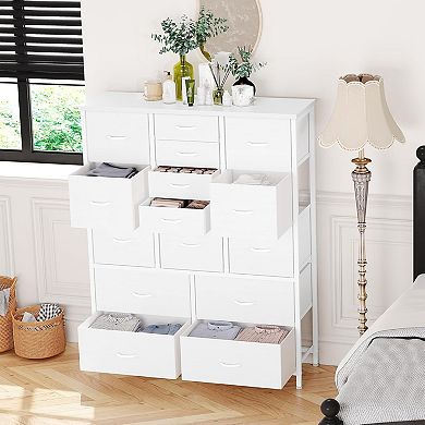 15 Drawer Fabric Dresser with Wood Tabletop Metal Frame Multi Size Storage Bins Rustic Organizer