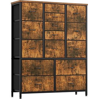 15 Drawer Fabric Dresser with Wood Tabletop Metal Frame Multi Size Storage Bins Rustic Organizer