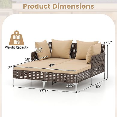 Gymax Outdoor Rattan Double Daybed Wicker Chaise Lounge for 2 w/ Seat & Back Cushions