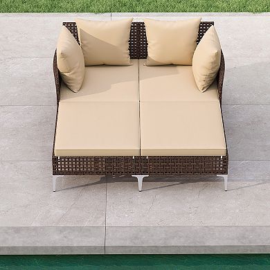 Gymax Outdoor Rattan Double Daybed Wicker Chaise Lounge for 2 w/ Seat & Back Cushions