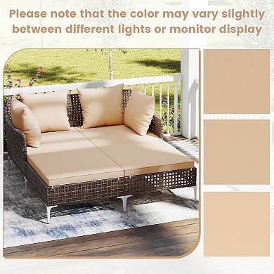 Gymax Outdoor Rattan Double Daybed Wicker Chaise Lounge for 2 w/ Seat & Back Cushions