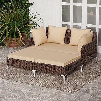 Gymax Outdoor Rattan Double Daybed Wicker Chaise Lounge for 2 w/ Seat & Back Cushions