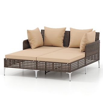 Gymax Outdoor Rattan Double Daybed Wicker Chaise Lounge for 2 w/ Seat & Back Cushions