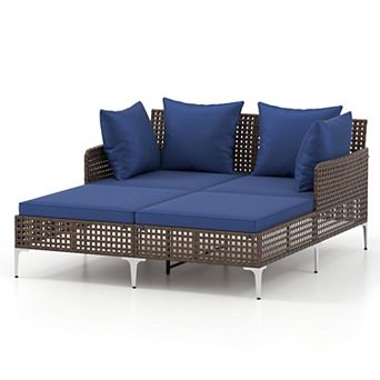 Gymax Outdoor Rattan Double Daybed Wicker Chaise Lounge for 2 w/ Seat & Back Cushions