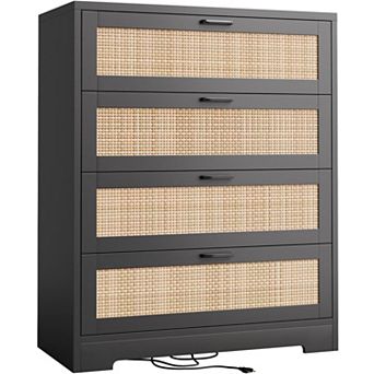 Rattan Wooden 4Drawer Dresser Wide Top Surface Pull Handles Easy Assembly Natural Modern Design