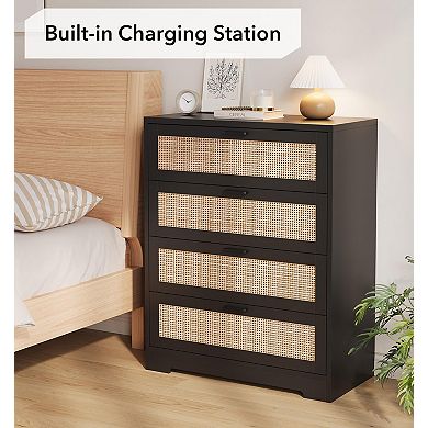Rattan Wooden 4Drawer Dresser Wide Top Surface Pull Handles Easy Assembly Natural Modern Design