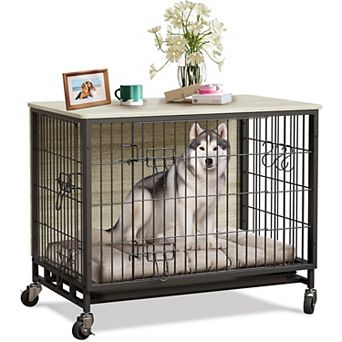 Dog Crate Furniture,32.5"Wooden Dog Crate with Double Doors & Wheels,Upgraded Kennel End Table,Grey