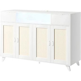 2-Drawer 2-Door Sideboard Cabinet with LED Lights & Power Outlet, Adjustable Shelves, White