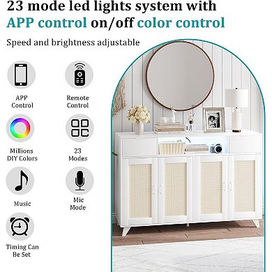 2-Drawer 2-Door Sideboard Cabinet with LED Lights & Power Outlet, Adjustable Shelves, White