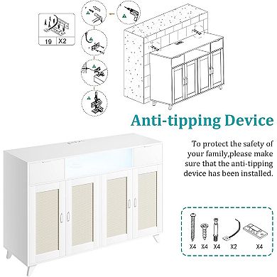 2-Drawer 2-Door Sideboard Cabinet with LED Lights & Power Outlet, Adjustable Shelves, White