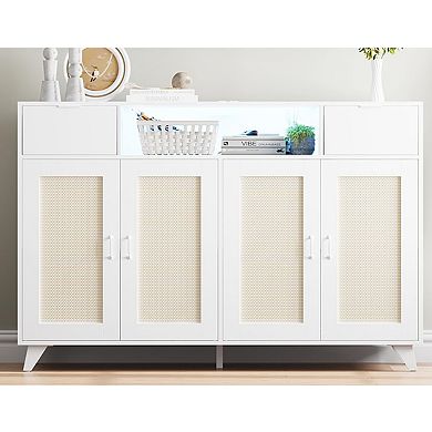 2-Drawer 2-Door Sideboard Cabinet with LED Lights & Power Outlet, Adjustable Shelves, White