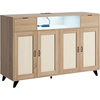 2-Drawer 2-Door Sideboard Cabinet with LED Lights & Power Outlet, Adjustable Shelves, Natural