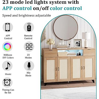 2-Drawer 2-Door Sideboard Cabinet with LED Lights & Power Outlet, Adjustable Shelves, Natural