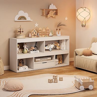 Wooden Kids Bookshelf - 5 Cubbies & 1 Drawer Toy Organizer