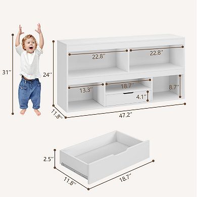 Wooden Kids Bookshelf - 5 Cubbies & 1 Drawer Toy Organizer