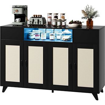 Rattan Sideboard Buffet Cabinet, 2 Drawers, 4 Doors, Power Outlet, Adjustable Shelves, Black
