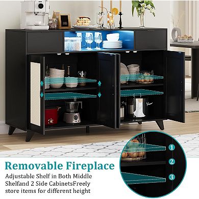 Rattan Sideboard Buffet Cabinet, 2 Drawers, 4 Doors, Power Outlet, Adjustable Shelves, Black