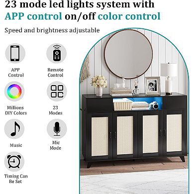 Rattan Sideboard Buffet Cabinet, 2 Drawers, 4 Doors, Power Outlet, Adjustable Shelves, Black