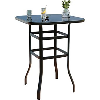Patio Bar Height Table with Tempered Glass and Metal Frame, Square Bistro Side Table