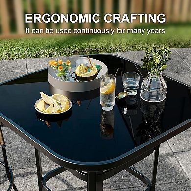 Patio Bar Height Table with Tempered Glass and Metal Frame, Square Bistro Side Table