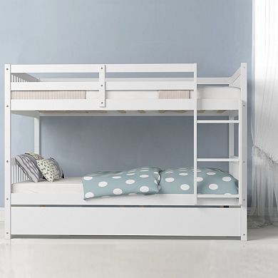 Gymax Bunk Bed Platform Wood Bed Captain's Bed w/ Trundle & Ladder Rail​