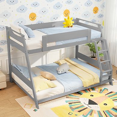 Gymax Low Bunk Bed Solid Wooden Floor Bunk Bed w/ Reversible Ladder​