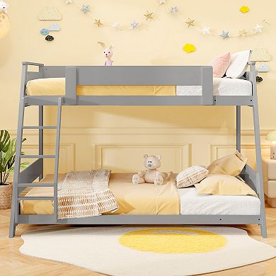 Gymax Low Bunk Bed Solid Wooden Floor Bunk Bed w/ Reversible Ladder​