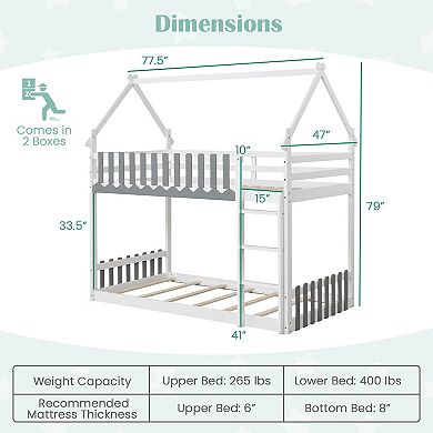 Gymax Bunk Bed w/ Fence & Ladder Solid Wood Floor Bunk Bed for Kids​