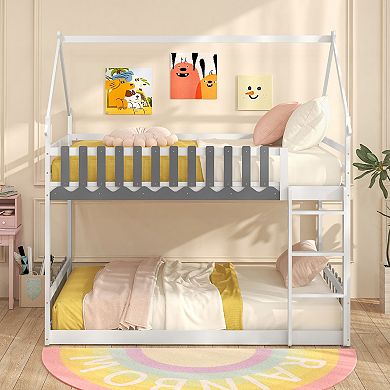 Gymax Bunk Bed w/ Fence & Ladder Solid Wood Floor Bunk Bed for Kids​