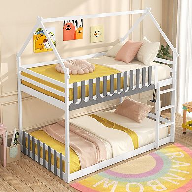 Gymax Bunk Bed w/ Fence & Ladder Solid Wood Floor Bunk Bed for Kids​