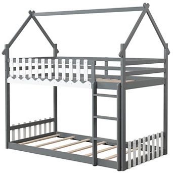 Gymax Bunk Bed w/ Fence & Ladder Solid Wood Floor Bunk Bed for Kids​