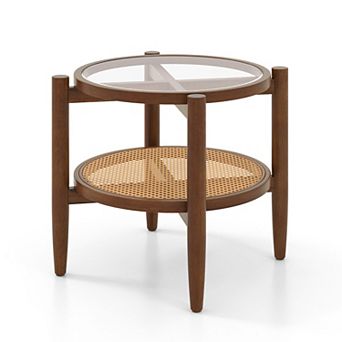 Gymax 2 tier Round Side End Table PE Rattan Sofa Nightstand Tempered Glass Tabletop