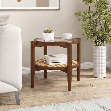 Gymax 2-Tier Round Side End Table PE Rattan Sofa Nightstand Tempered Glass Tabletop