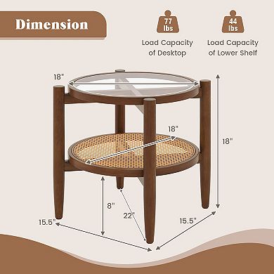 Gymax 2-Tier Round Side End Table PE Rattan Sofa Nightstand Tempered Glass Tabletop
