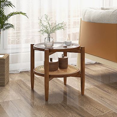 Gymax 2-Tier Round Side End Table PE Rattan Sofa Nightstand Tempered Glass Tabletop